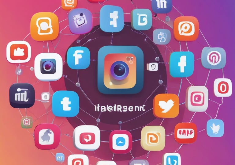 A modern workspace setup featuring a large monitor and a laptop displaying web pages. The desk has a wireless keyboard, a mouse, and a card labeled '#Hashtag Campaign'. The space is clean and organized with a focus on digital content.