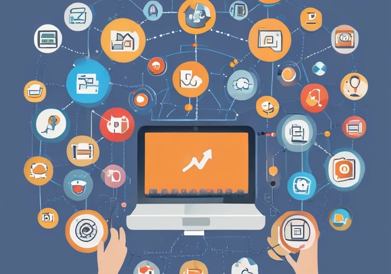 A modern workspace setup featuring a large monitor and a laptop displaying web pages. The desk has a wireless keyboard, a mouse, and a card labeled '#Hashtag Campaign'. The space is clean and organized with a focus on digital content.