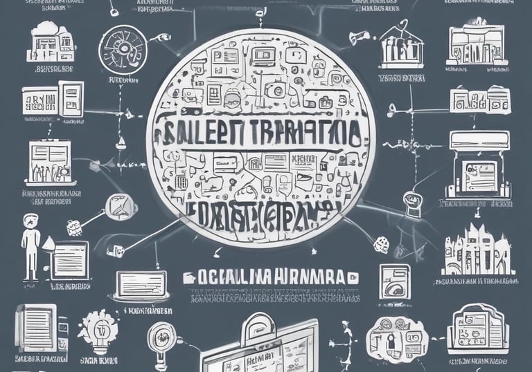 A modern workspace setup featuring a large monitor and a laptop displaying web pages. The desk has a wireless keyboard, a mouse, and a card labeled '#Hashtag Campaign'. The space is clean and organized with a focus on digital content.