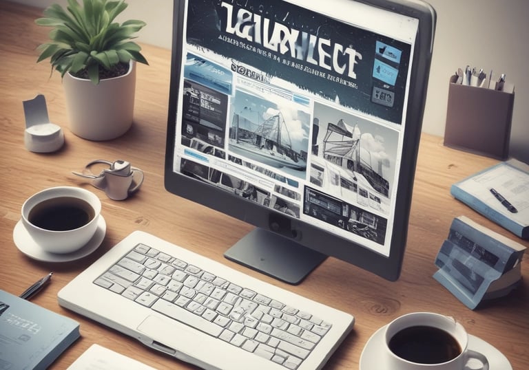 A modern workspace setup featuring a large monitor and a laptop displaying web pages. The desk has a wireless keyboard, a mouse, and a card labeled '#Hashtag Campaign'. The space is clean and organized with a focus on digital content.