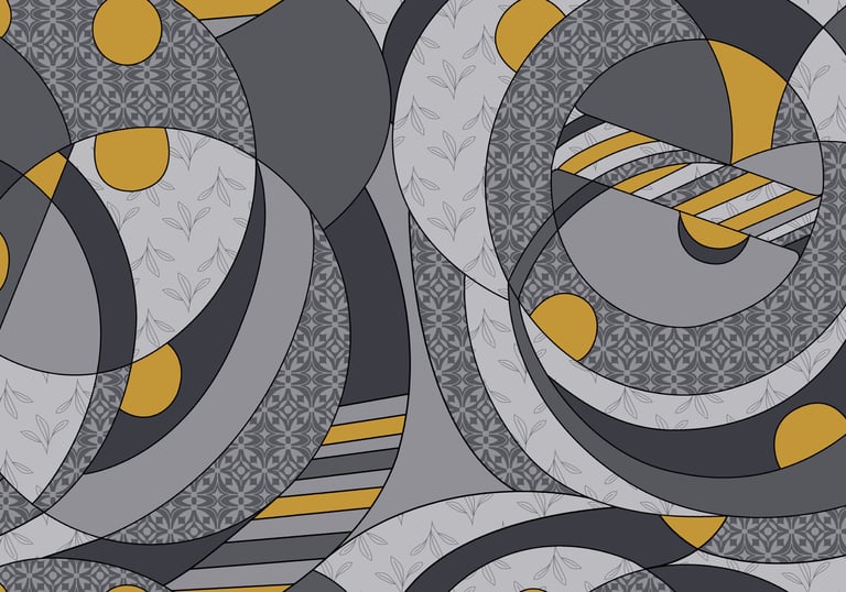 "Contemporary geometric textile design in monochrome & mustard"