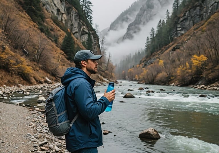 a man standing on a river bank in the mountains with a water bottle