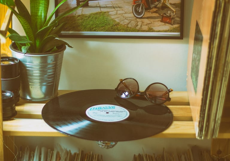 a record player vinyl album on a wooden table next to a succulent plant