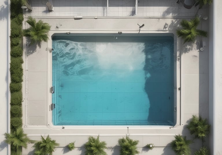 A professional technician performing maintenance on a swimming pool with tools and equipment.