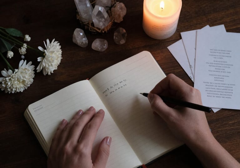 New moon intention setting ritual with journal candle and moonstone crystals