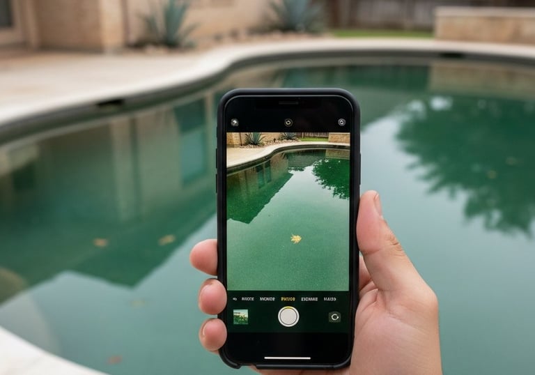 Central Texas homeowner scheduling green pool cleanup on smartphone
