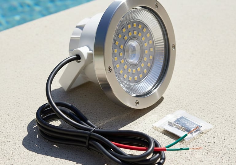 A close-up view of a new LED pool light fixture with exposed wiring ready for installation on a pool deck in Austin, Texas.