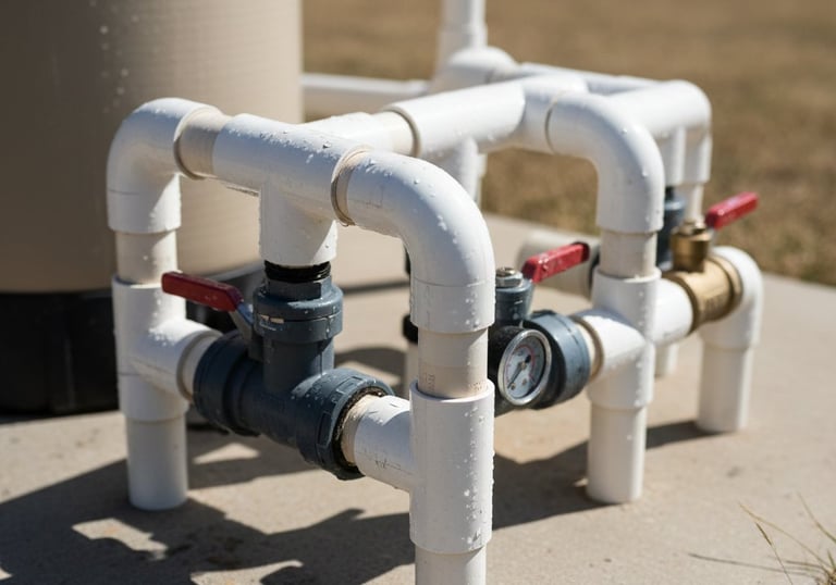 Close-up of pool plumbing and valves on an equipment pad in Leander, Texas