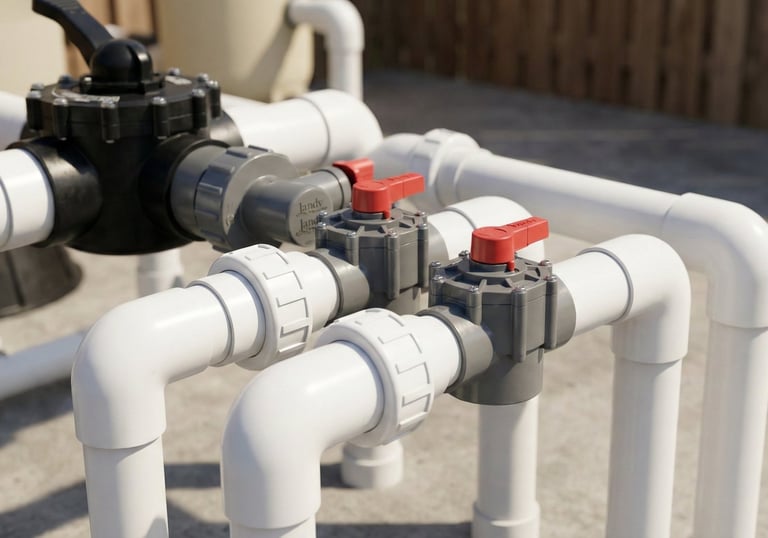 Closeup of pool equipment plumbing during pool equipment diagnostics in Georgetown, Texas
