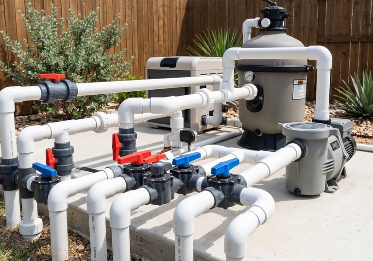 Clean pool plumbing and valves at a residential equipment pad in Round Rock TX