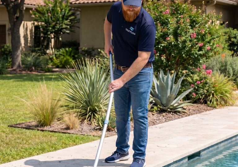Clear, balanced pool water after a one-time cleaning service with technician notes left on deck