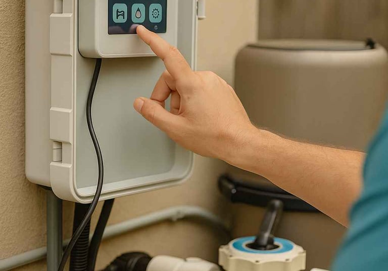 Technician adjusting pool control panel during equipment installation in Lakeway Texas.