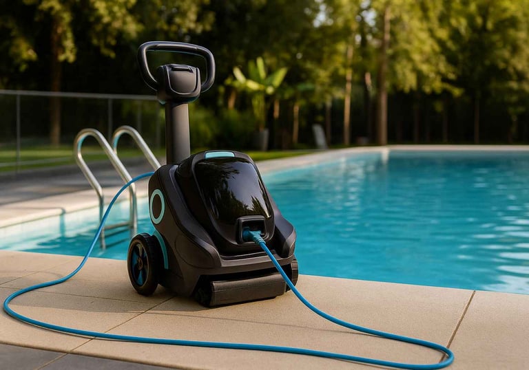 Pool cleaning equipment during weekly pool maintenance in Cedar Park, Texas.