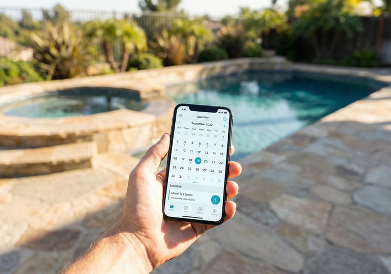 Booking a pool and spa repair appointment on a phone in an Austin, Texas.