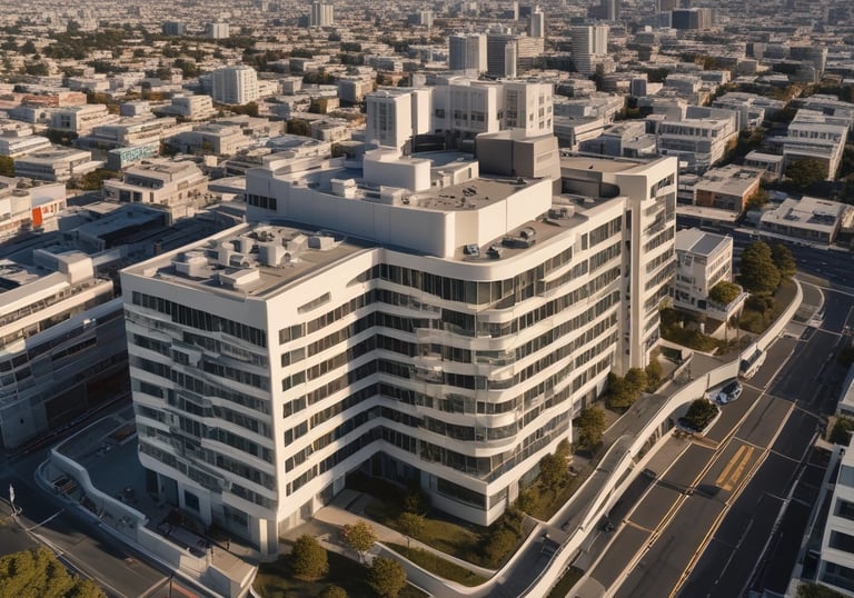 A large stack of colorful shipping containers is arranged neatly on an expansive paved area under a clear blue sky. The containers are primarily red, white, and blue, each labeled with various shipping company logos and identification marks.