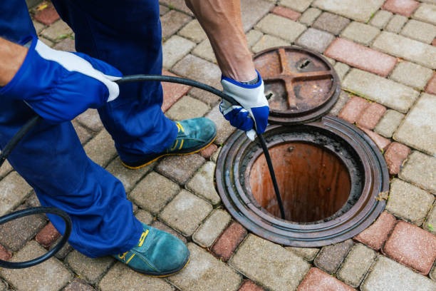 plumber cleaning a sewer line with a hose pump