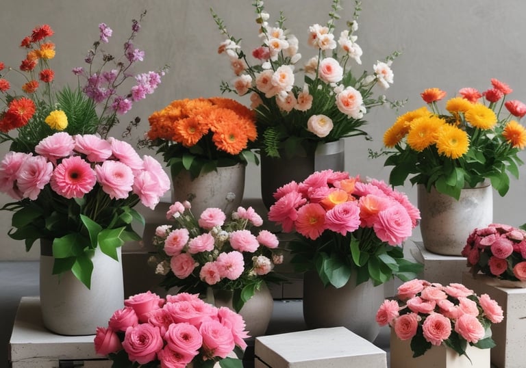 Brightly colored floral arrangements featuring seasonal blooms in rustic vases, displayed on a wooden table