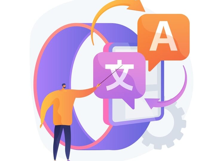 Personne pointant vers des icônes de traduction et de symboles linguistiques.
