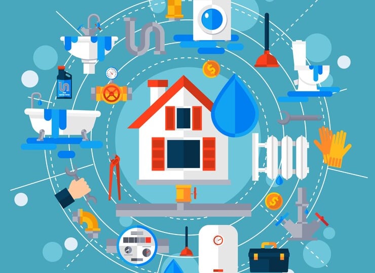 Illustration d'une maison entourée d'icônes représentant diverses tâches domestiques.