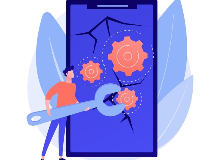 Illustration d'une personne réparant des engrenages sur un écran de smartphone.