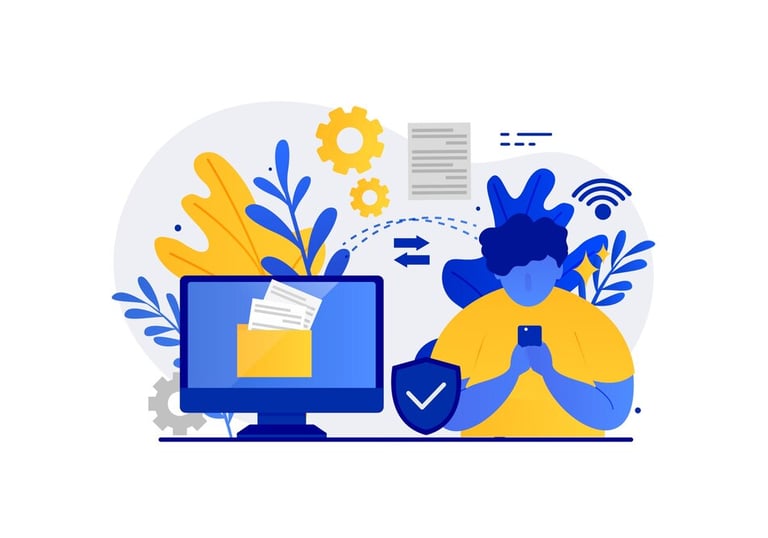 Illustration de personne utilisant un smartphone avec un ordinateur et des outils numériques.