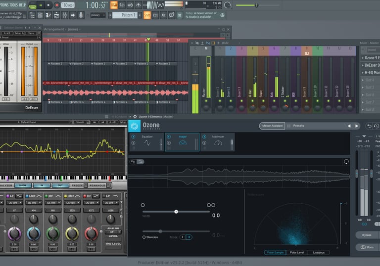 A desktop screen showing FL Studio digital audio workstation with Ozone 9 and H-EQ plugins for music production.