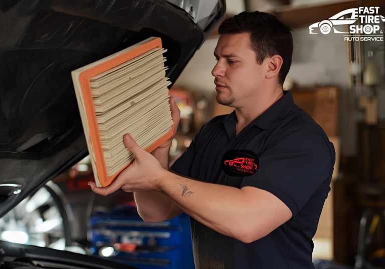 Fast Tire Shop mechanic replacing air and oil filters during fluid maintenance service