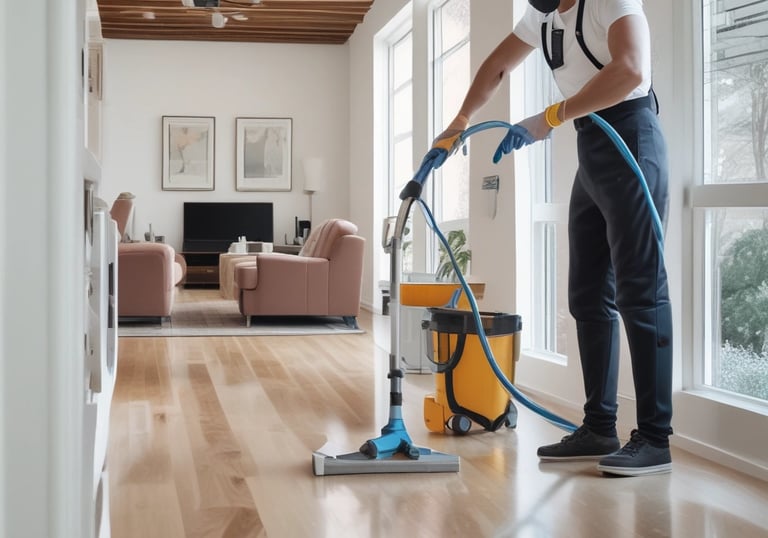 A sunlit patio with terracotta tiles is adorned with cleaning equipment, including a wet and dry vacuum, containers of cleaning solutions, and a pressure washer. A portion of a white car is visible near a hedge-lined driveway, while lush green vegetation and a manicured lawn provide a backdrop.