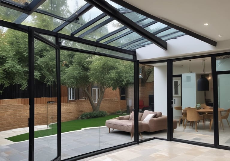 a glass living room with a couch 