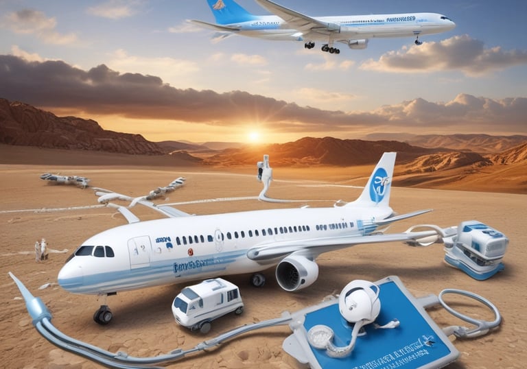 A person is seated comfortably inside a private jet, wearing a blue suit jacket and light-colored trousers. The interior features plush beige leather seats and a window through which soft light filters, creating a serene atmosphere. The cabin has elegant wood and gold-tone detailing.