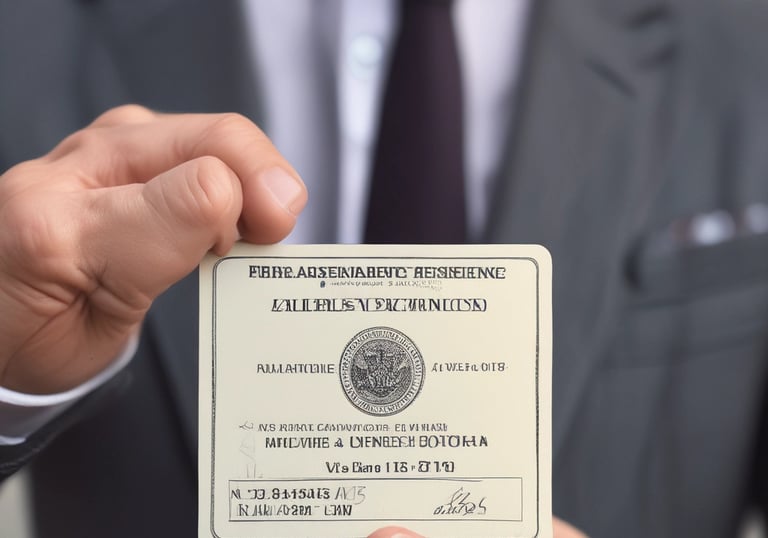 a man in a suit and tie holding a business card