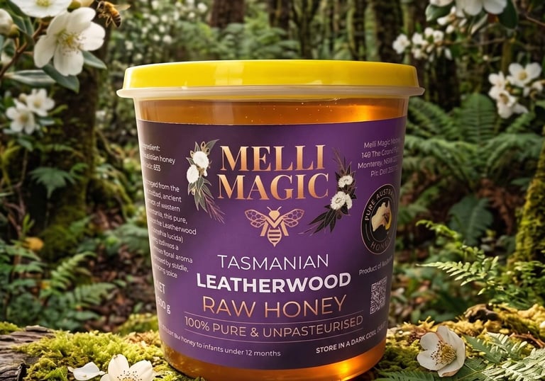 Melli Magic Honey leatherwood honey jar with forest background