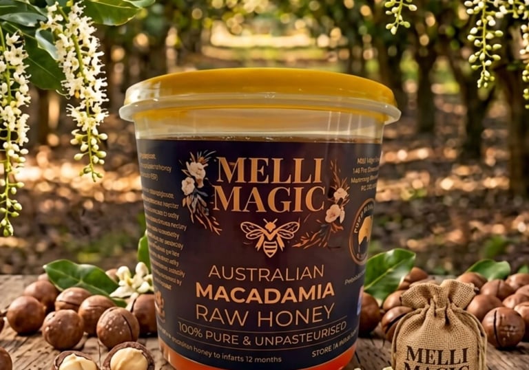 Melli Magic Honey macadamia 500g jar with forest background