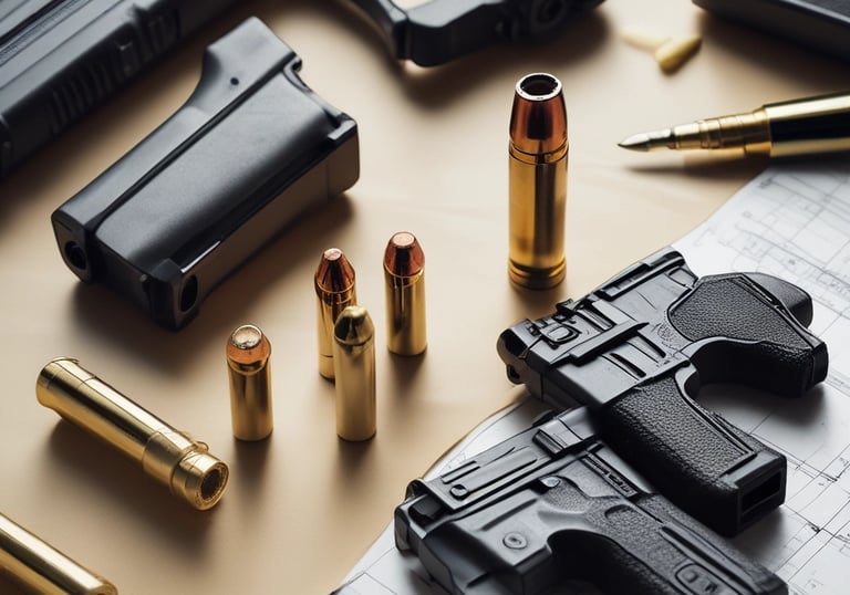 A close-up of various firearms displayed on a table for legal examination.