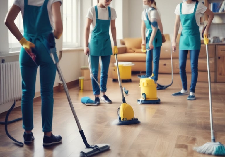 A sunlit patio with terracotta tiles is adorned with cleaning equipment, including a wet and dry vacuum, containers of cleaning solutions, and a pressure washer. A portion of a white car is visible near a hedge-lined driveway, while lush green vegetation and a manicured lawn provide a backdrop.