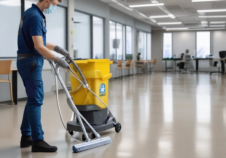 A person wearing protective clothing, a face mask, and gloves is cleaning a white cushioned furniture piece using a vacuum cleaner. The setting appears to be indoors with bright natural light streaming in through large windows. A green potted plant is placed next to a white sofa, adding a touch of nature to the clean and tidy environment.