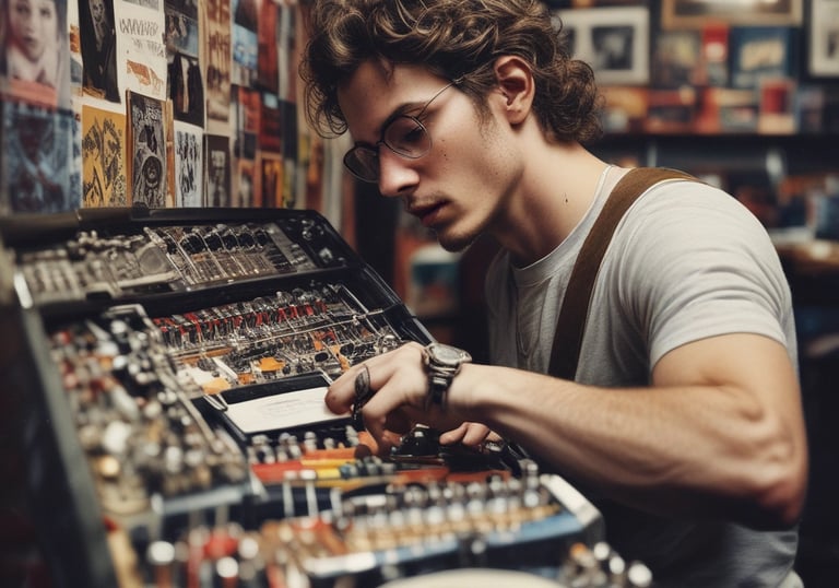 a man riding a skateboard down a street next to tall buildings