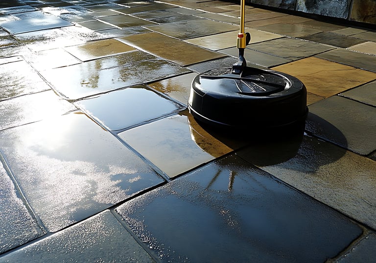 Professional paver cleaning with surface cleaner on wet natural stone patio in Sarasota, Florida