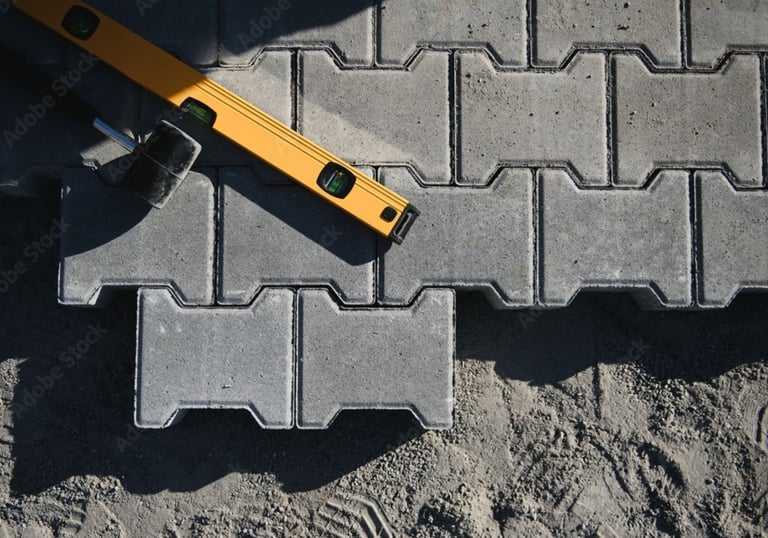 Close-up of interlocking concrete paver installation with leveling tools during a Sarasota driveway 