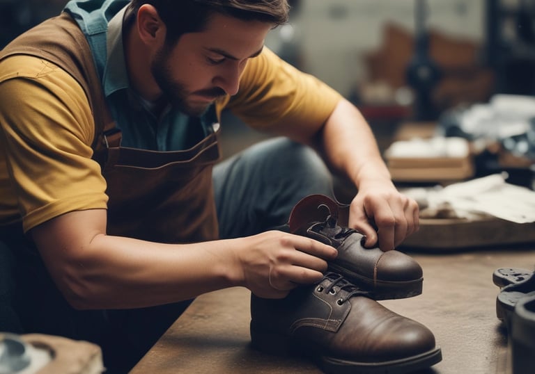A person is concentrating intently on crafting a shoe by hand in a workshop that appears cluttered with various tools and materials. They are wearing a sports jersey and are deeply focused on their work.
