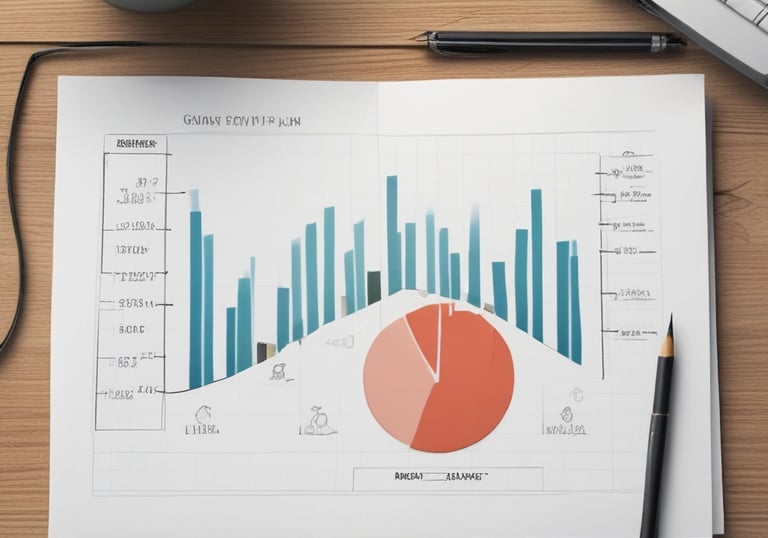A copy of the book titled 'The 1-Page Marketing Plan' lies on a gray textured surface. The book cover is bright yellow with bold red, white, and green text. Surrounding the book are various small objects: a metallic laptop partially visible on the top left, a pair of white wireless earphones, a blue bookmark with the text 'one more page,' and other small, colorful items.
