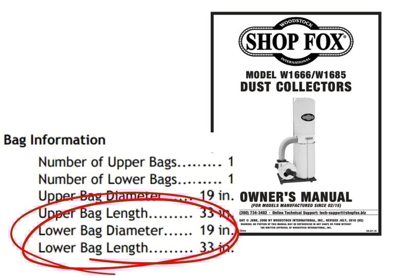 Shop fox dust collector bag specs