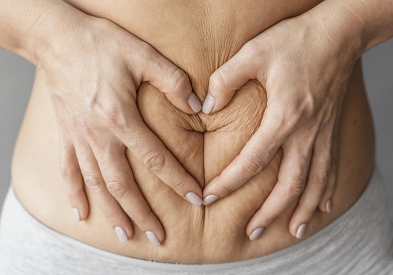 a woman's hands making a heart shape with her hands on her stomach