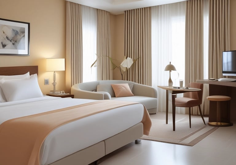 A hotel room with a neatly made bed featuring two yellow cushions and two bedside lamps providing warm lighting. A black and white headboard contrasts with the beige walls. In the foreground, a tray on a counter holds glass tumblers, mugs, and various coffee sachets. A promotional card for travel assistance leans against the tray.