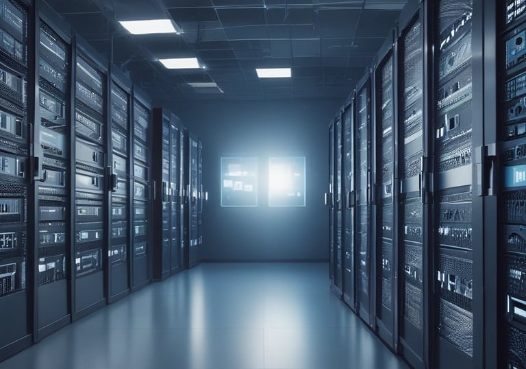 A hand holding a thermal scanner is pointed towards a rack of computer servers. The servers are illuminated with blue LED lights, giving a technological and futuristic feel.