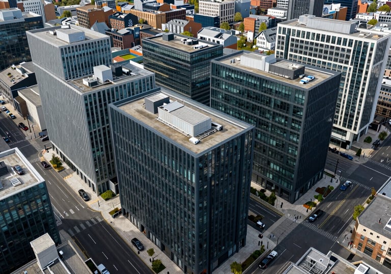 An aerial view of a clean, modern British / UK business district, showing order and efficiency in deep slate and steel blue colors.