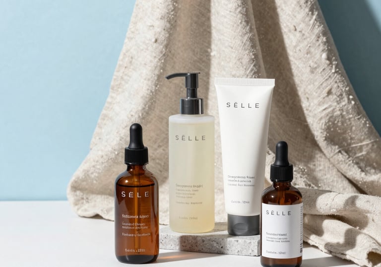 A bright photography studio in the US featuring ecommerce products like high-end skincare bottles and linen textiles arranged aesthetically on a white surface with Sky Blue accents.