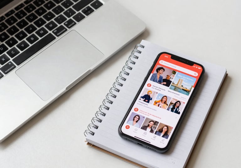 A top-down view of a modern desk with a laptop, a designer's notebook, and a smartphone showing a Pinterest feed, with clean lighting and professional US office styling.