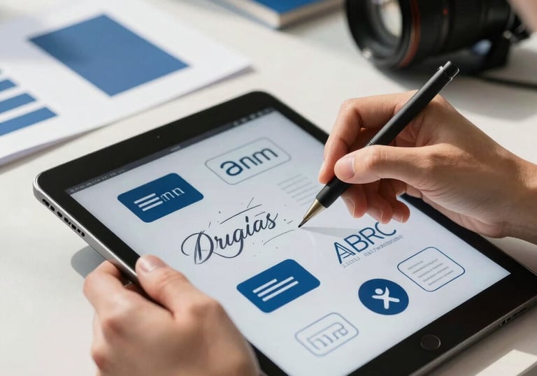 A close-up of a designer's hands using a tablet to sketch brand concepts in a sunlit North American studio with Steel Blue and White design elements in the background.