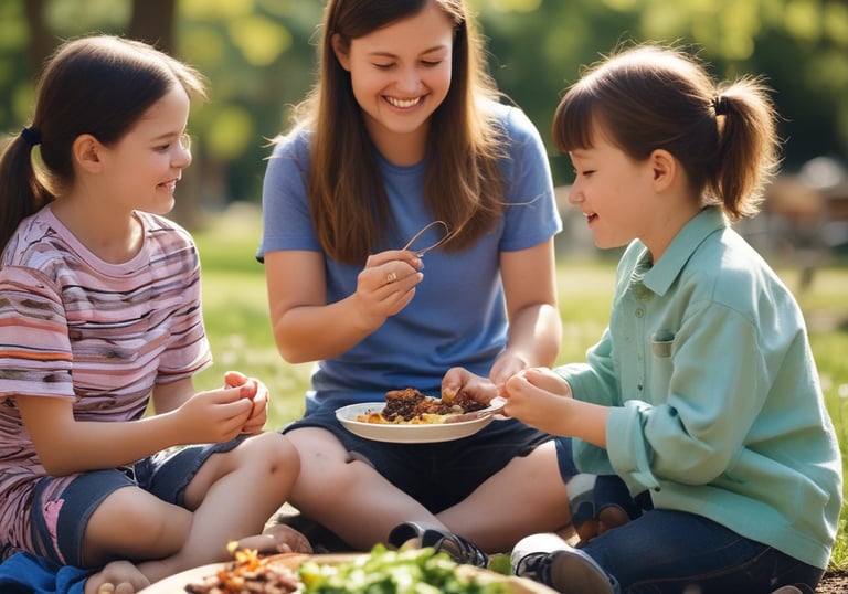 Equine-assisted therapy session with mini ponies and children.